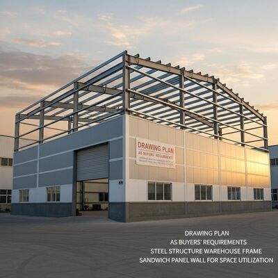 شراء خطة الرسم حسب متطلبات المشترين هيكل الصلب هيكل الإطار المستودع هيكل الإطار يحتوي على لوحة ساندويتش جدار للاستفادة من المساحة التصنيع عبر الإنترنت